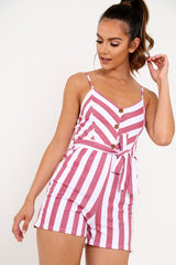 Red And White Tie Button Front Playsuit - Alanni