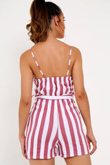 Red And White Tie Button Front Playsuit - Alanni
