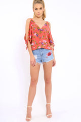 Red Floral Print V-Neck Tie Cold Shoulder Top - Arielle