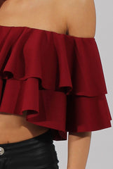 Red Bardot Frill Crop Top - Flissy