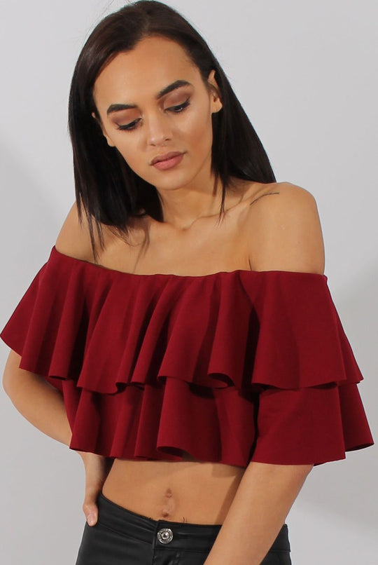 Red Bardot Frill Crop Top - Flissy