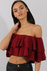 Red Bardot Frill Crop Top - Flissy