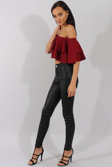 Red Bardot Frill Crop Top - Flissy