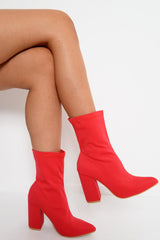 Red Stretchy Pointed Toe Block Heeled Boots - Meah