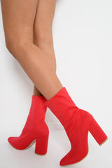 Red Stretchy Pointed Toe Block Heeled Boots - Meah