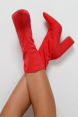 Red Stretchy Pointed Toe Block Heeled Boots - Meah