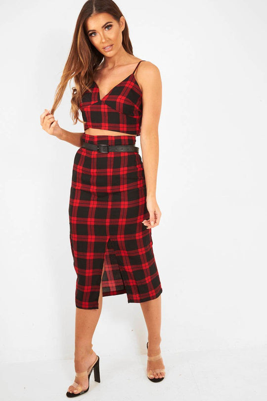 Red Check Bralet And Midi Skirt Co-ord - Caden