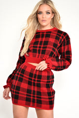 Red Check Frill Cuff Knit Jumper - Lanelle