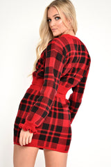 Red Check Frill Cuff Knit Jumper - Lanelle