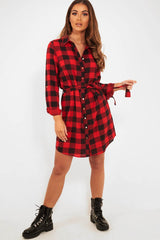 Red Black Check Chiffon Shirt Dress - Elyzah