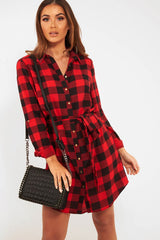 Red Black Check Chiffon Shirt Dress - Elyzah