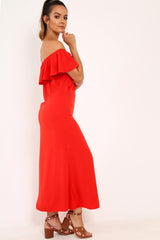 Red Bardot Frill Button Front Midi Dress - Clancy