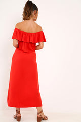 Red Bardot Frill Button Front Midi Dress - Clancy