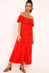 Red Bardot Frill Button Front Midi Dress - Clancy