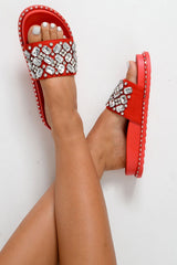 Red Faux Suede Jewel Sliders - Cosette