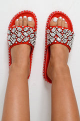 Red Faux Suede Jewel Sliders - Cosette