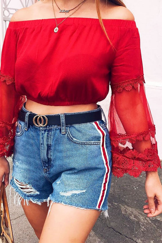 Red Bardot Sheer Embroidered Sleeve Crop Top - Ryley