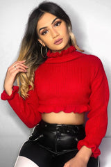 Red Ruffle Hem Chunky Knit Crop Jumper - Alannah