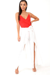 White Wide Leg Belted Split Front Trousers - Aamira