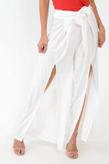 White Wide Leg Belted Split Front Trousers - Aamira