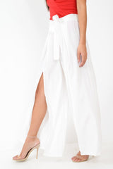 White Wide Leg Belted Split Front Trousers - Aamira