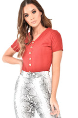 Red Button Front Short Sleeved Bodysuit - Danai