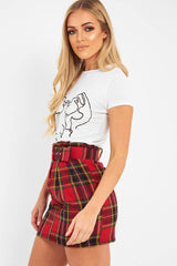 Red Tartan Belted Pleated Mini Skirt - Danyka