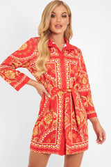 Red Gold Chain Print Belted Shirt Dress - Estie