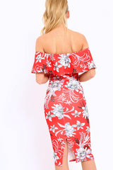Red Floral Frill Bardot Bodycon Midi Dress - Aphra