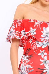 Red Floral Frill Bardot Bodycon Midi Dress - Aphra