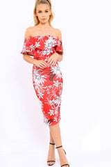 Red Floral Frill Bardot Bodycon Midi Dress - Aphra