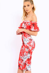 Red Floral Frill Bardot Bodycon Midi Dress - Aphra