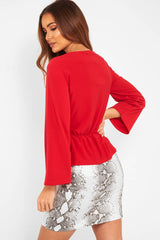 Red Tie Waist Long Sleeve Top - Floria