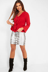 Red Tie Waist Long Sleeve Top - Floria