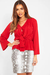 Red Tie Waist Long Sleeve Top - Floria