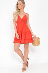 Red Embroidered Tiered Baby Doll Dress - Rowen