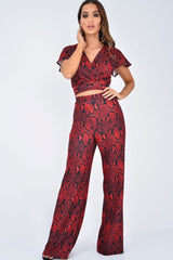 Red Snake Print Tie Back Crop Top And Wide Leg Trouser Co-ord - Georgine