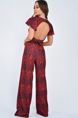 Red Snake Print Tie Back Crop Top And Wide Leg Trouser Co-ord - Georgine