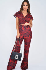 Red Snake Print Tie Back Crop Top And Wide Leg Trouser Co-ord - Georgine