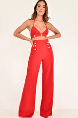 Red High Waisted Wide Leg Button Front Trousers - Gidget