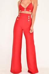 Red High Waisted Wide Leg Button Front Trousers - Gidget