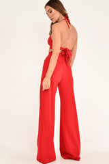 Red High Waisted Wide Leg Button Front Trousers - Gidget