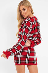 Red Tartan Frill Cuff Knit Jumper - Jarae