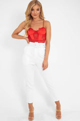 Red Scalloped Lace Satin Bodysuit - Jeriah