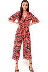 Red Leopard Print Wrap Culotte Jumpsuit -Juni