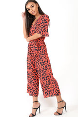 Red Leopard Print Wrap Culotte Jumpsuit -Juni