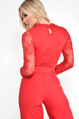 Red Lace Mesh Insert Plunge Bodysuit - Taylen