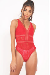 Red Lace Sleeveless Open Back Bodysuit - Molina
