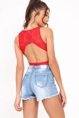 Red Lace Sleeveless Open Back Bodysuit - Molina