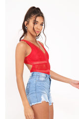 Red Lace Sleeveless Open Back Bodysuit - Molina